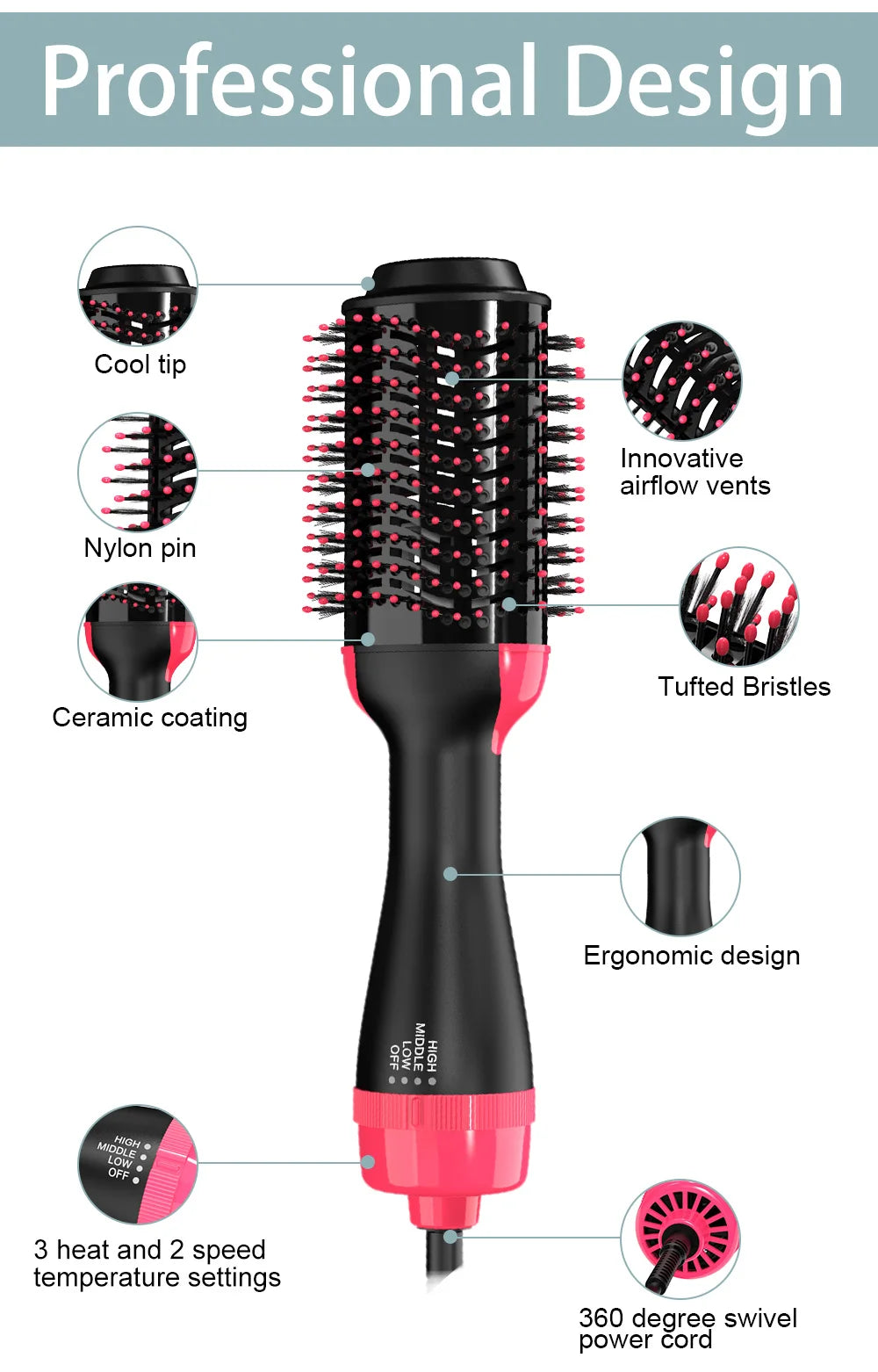 4-in-1 Hot Air Brush (Dries, Straightens, Styles, and Volumizes) - Salon-quality results at home!